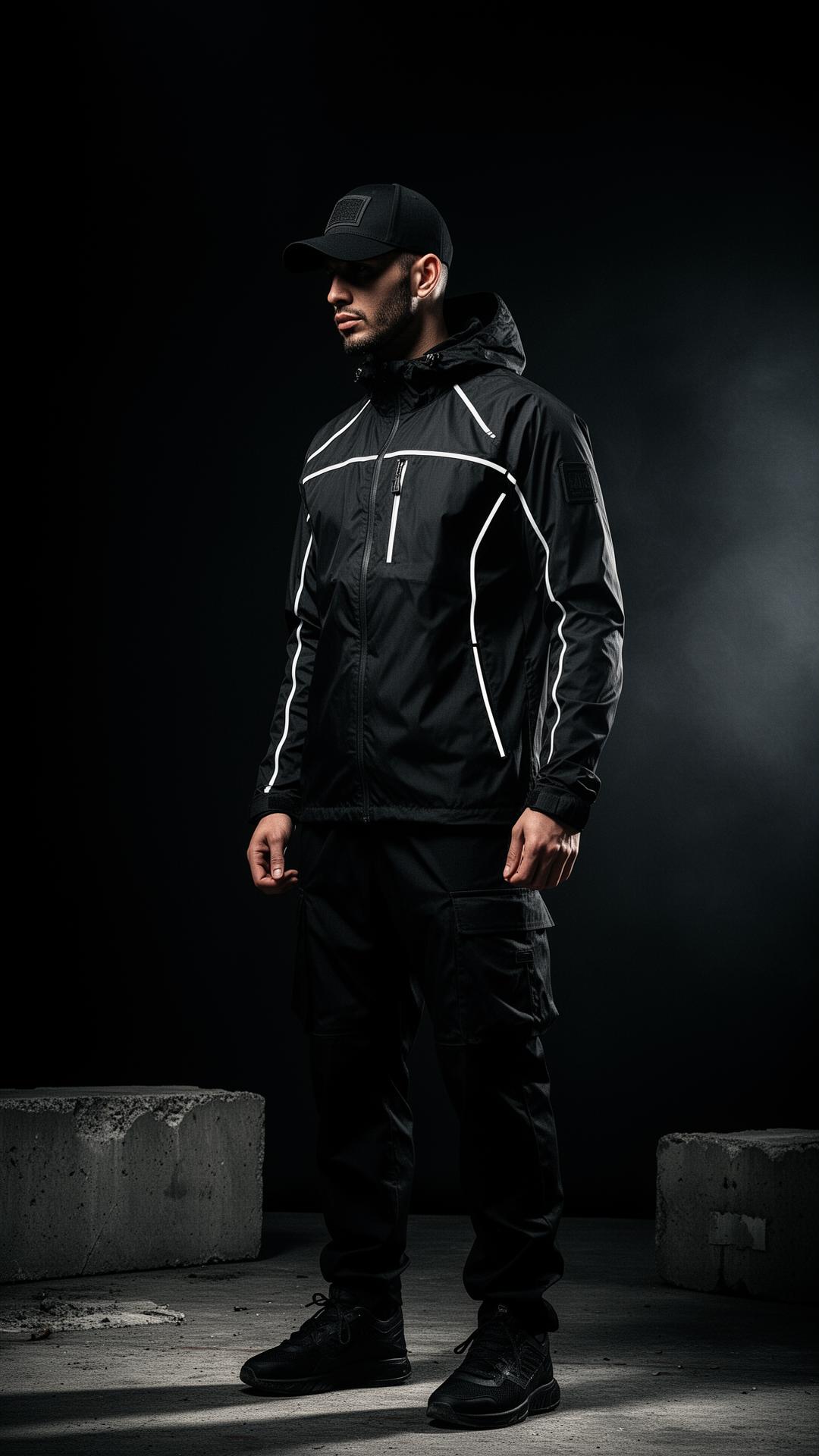 Model wearing Umbra Phantom windbreaker and tactical cap